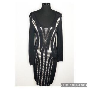 Cache black cream cutout knit scoop neck midi bodycon sheath dress size Medium